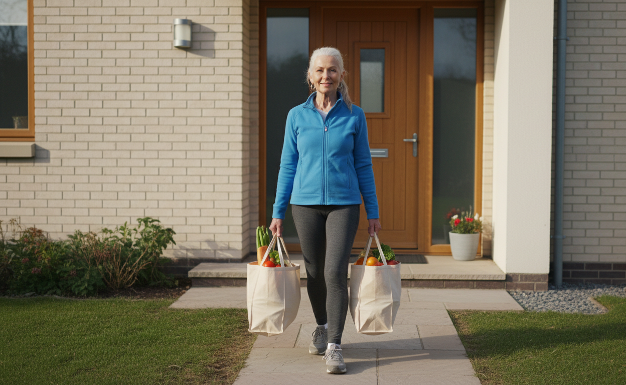 Older adult carrying groceries and maintaining independence through improved mobility.