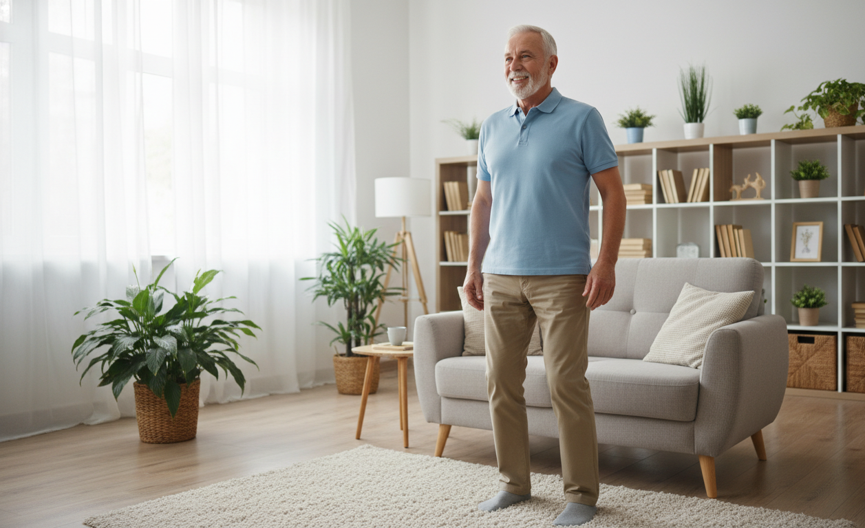 senior standing up from chair showing improved strength and independence