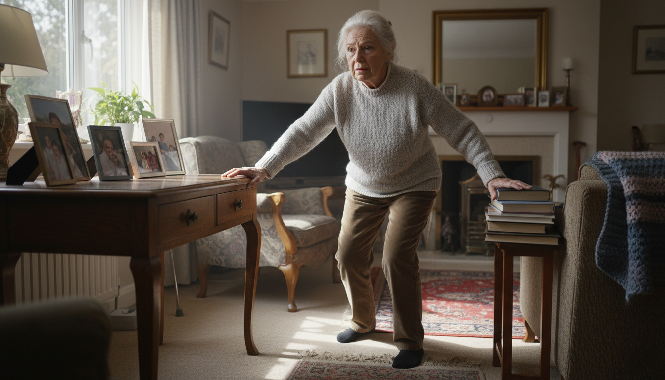 elderly person using furniture for support due to balance problems