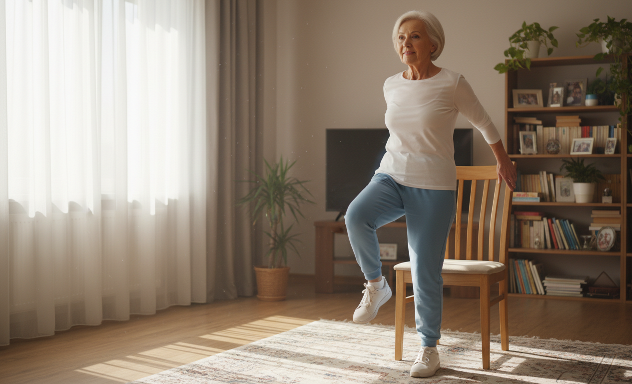 Senior performing simple functional training routine at home for balance and strength