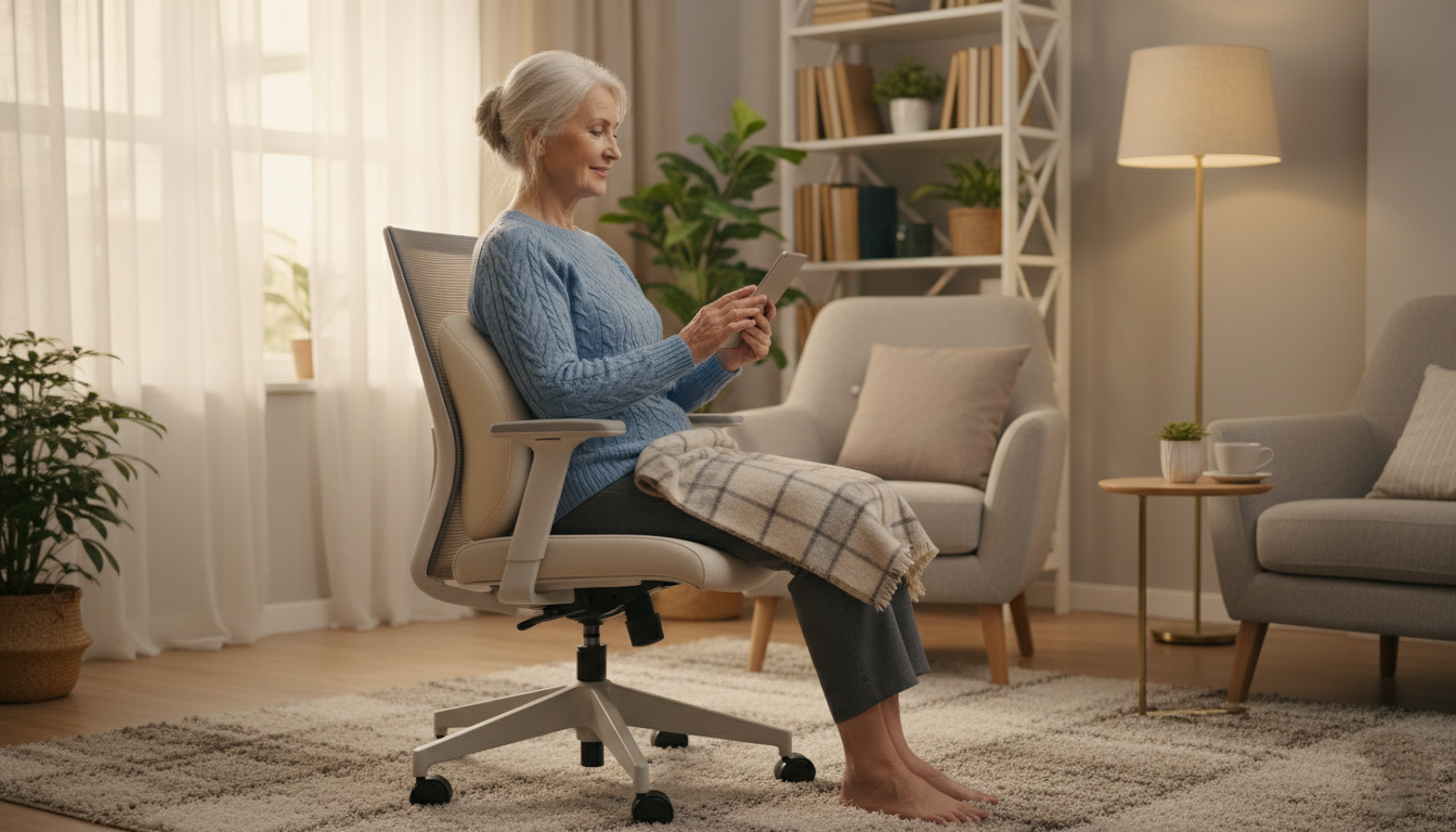 Senior woman practicing ergonomic sitting to reduce SI joint pain at home in Salem, Oregon.