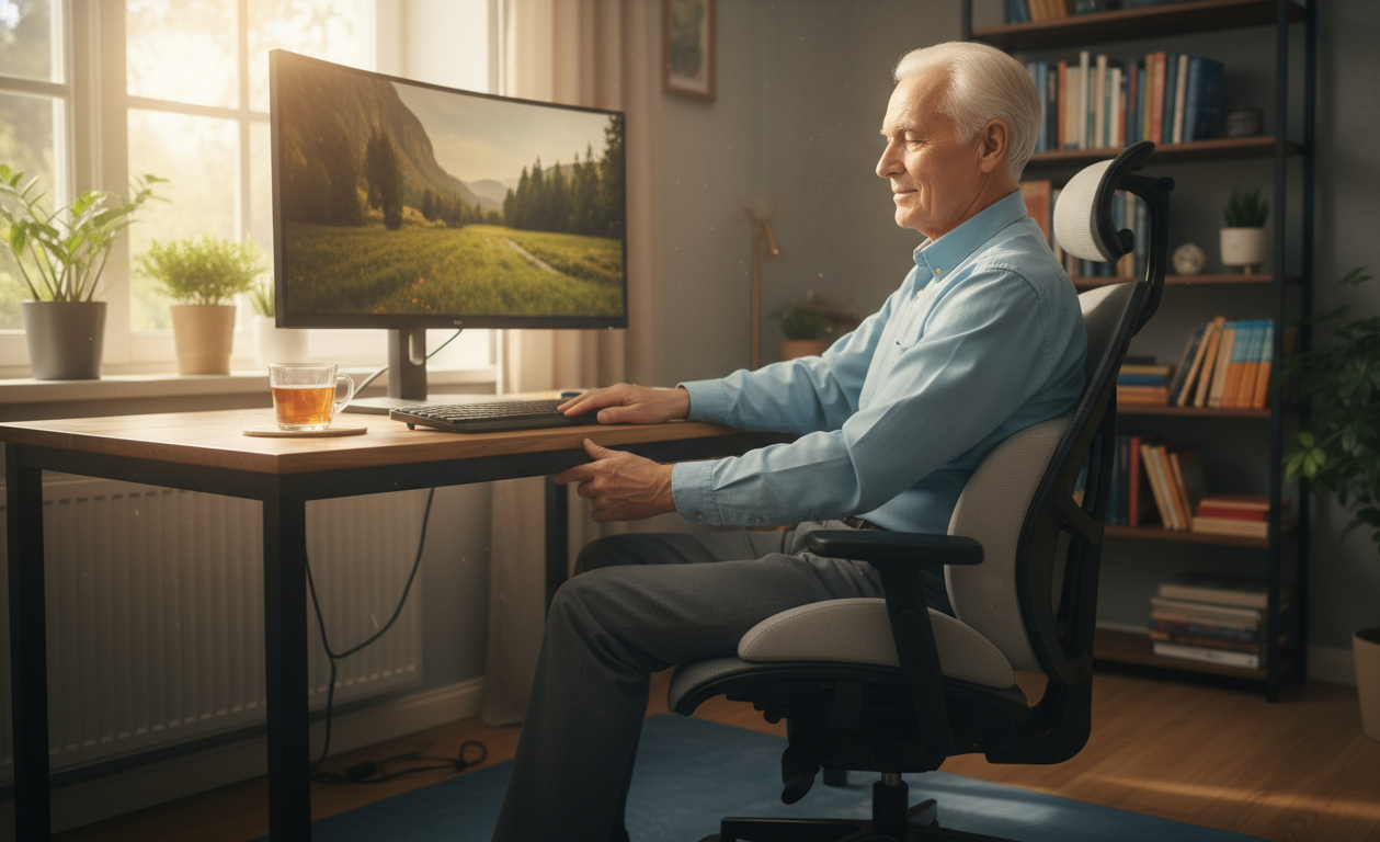 Senior man maintaining good posture at home using ergonomic chair and posture cushion in Salem, Oregon.