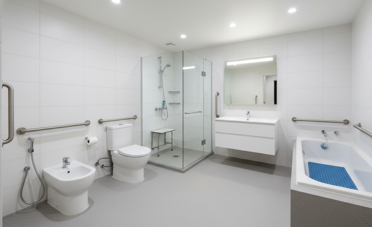 senior friendly bathroom with grab bars and non slip mats for fall prevention