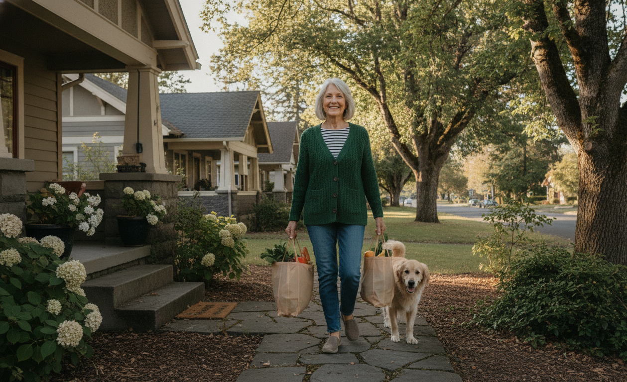 Older adult carrying groceries independently after improving strength and mobility.