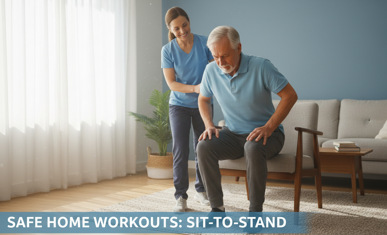 Older adult doing sit-to-stand exercise to strengthen legs for better walking