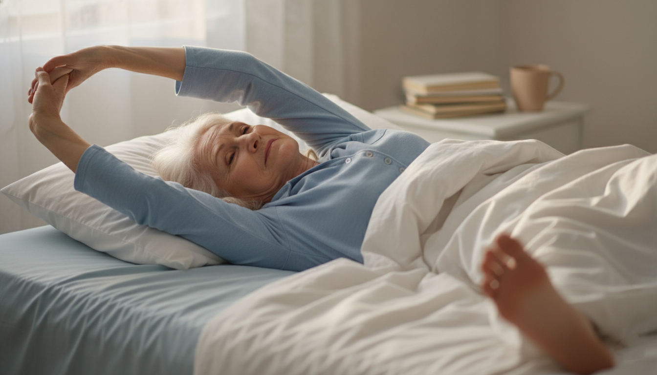 senior doing gentle stretches in bed to reduce morning stiffness