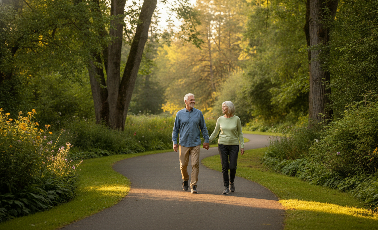 Older couple enjoying a peaceful walk together during recovery in Salem.