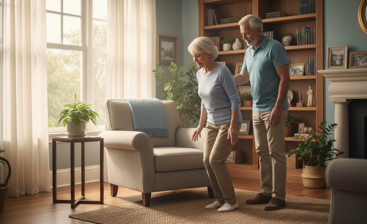Older adult standing up from chair carefully showing balance changes with aging