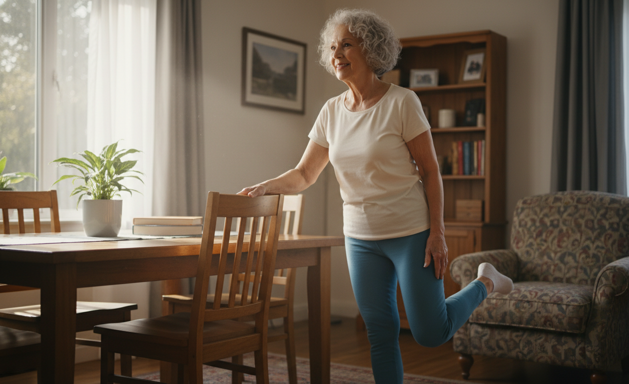Older adult performing balance and strengthening exercises at home.