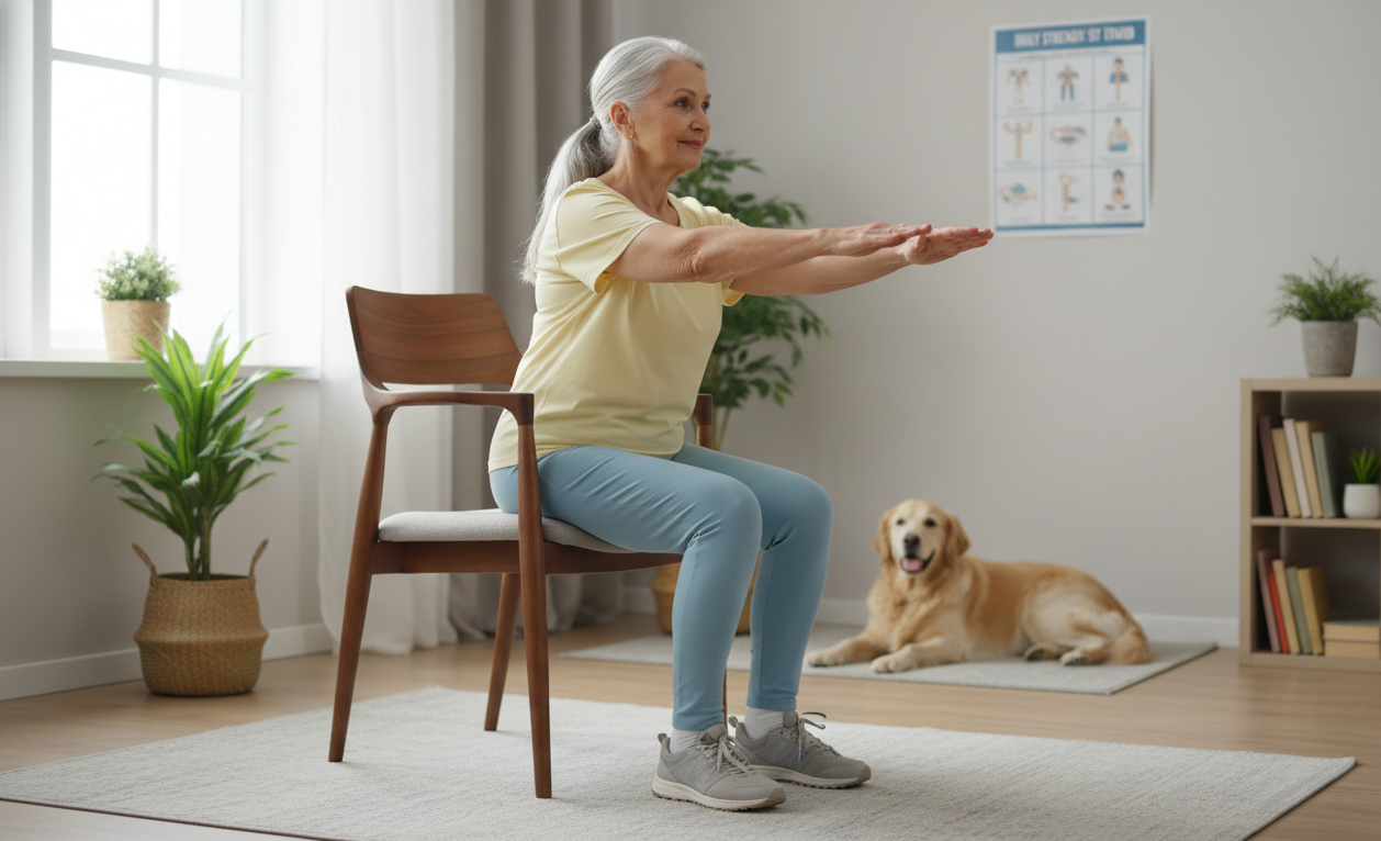 Older adult doing sit-to-stand exercise to strengthen legs and improve walking ability