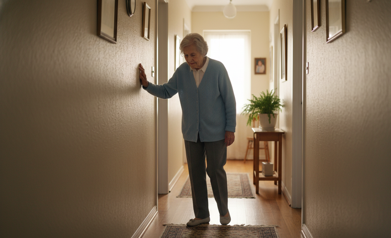 Senior adult carefully turning while walking inside the home