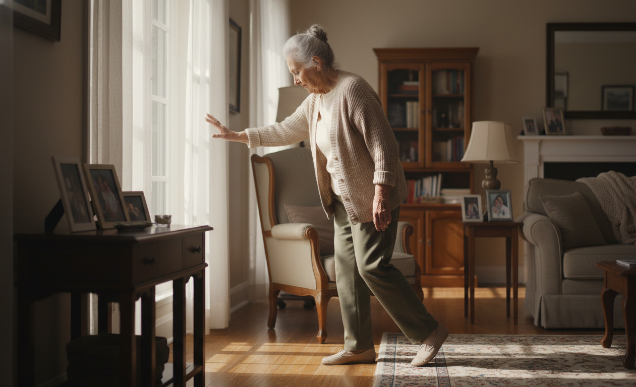 older adult experiencing balance issues while walking indoors