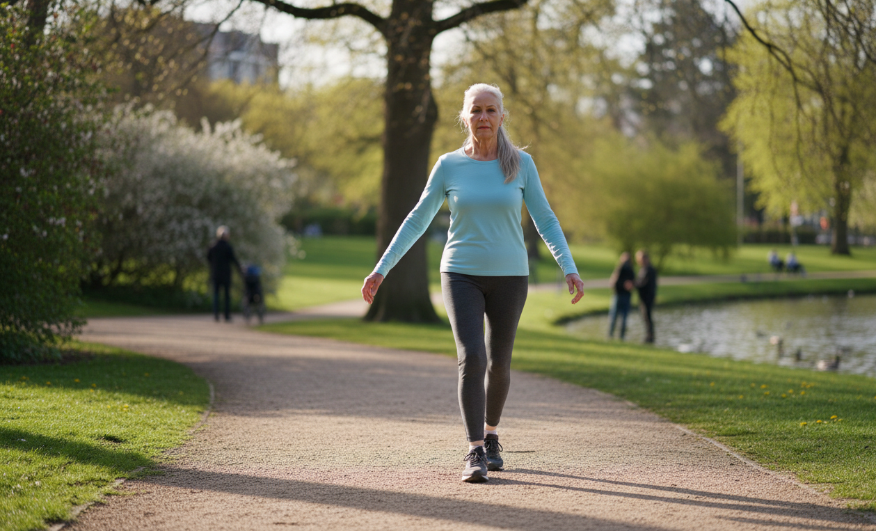 Older adult walking carefully outdoors showing balance training and stability