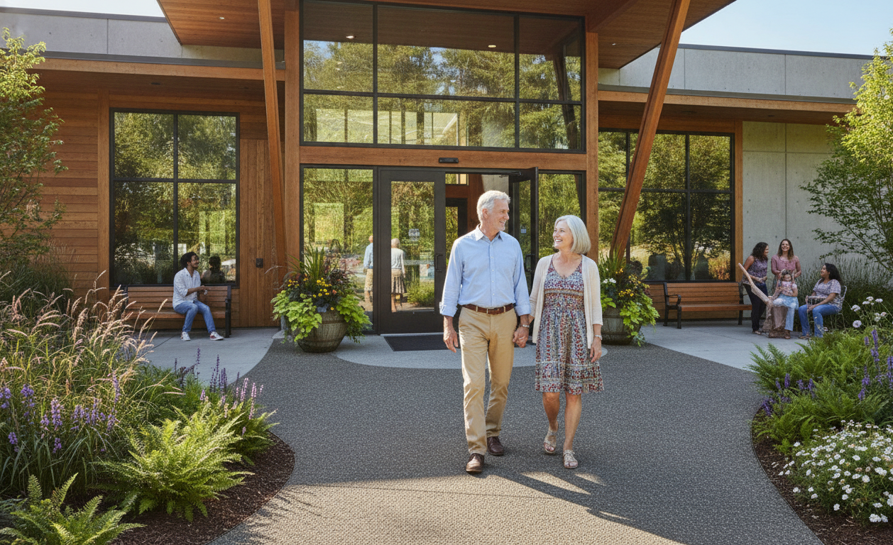 A friendly older couple arriving confidently at a welcoming community building in Salem, Oregon.