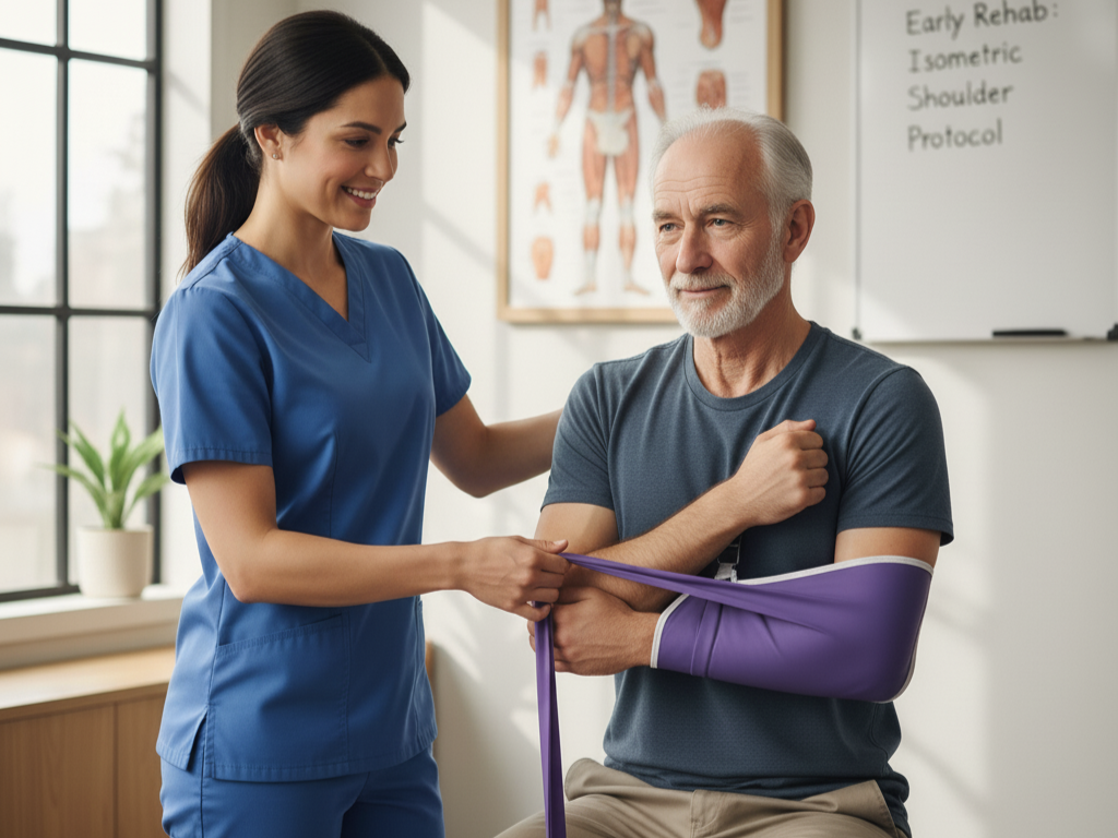 Therapist showing patient isometric shoulder exercises during early dislocation rehabilitation at HWY Physical Therapy Salem