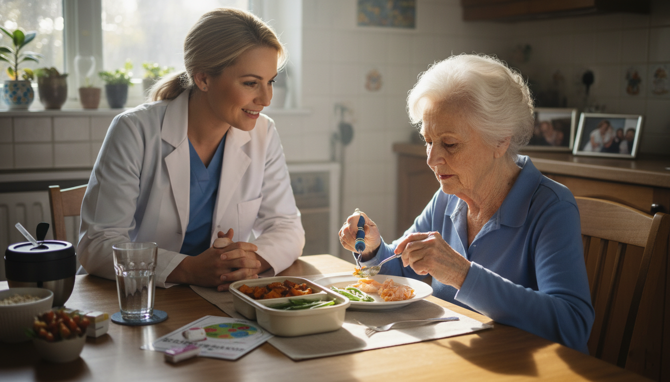 Home health provider observing early signs of malnutrition in a senior patient