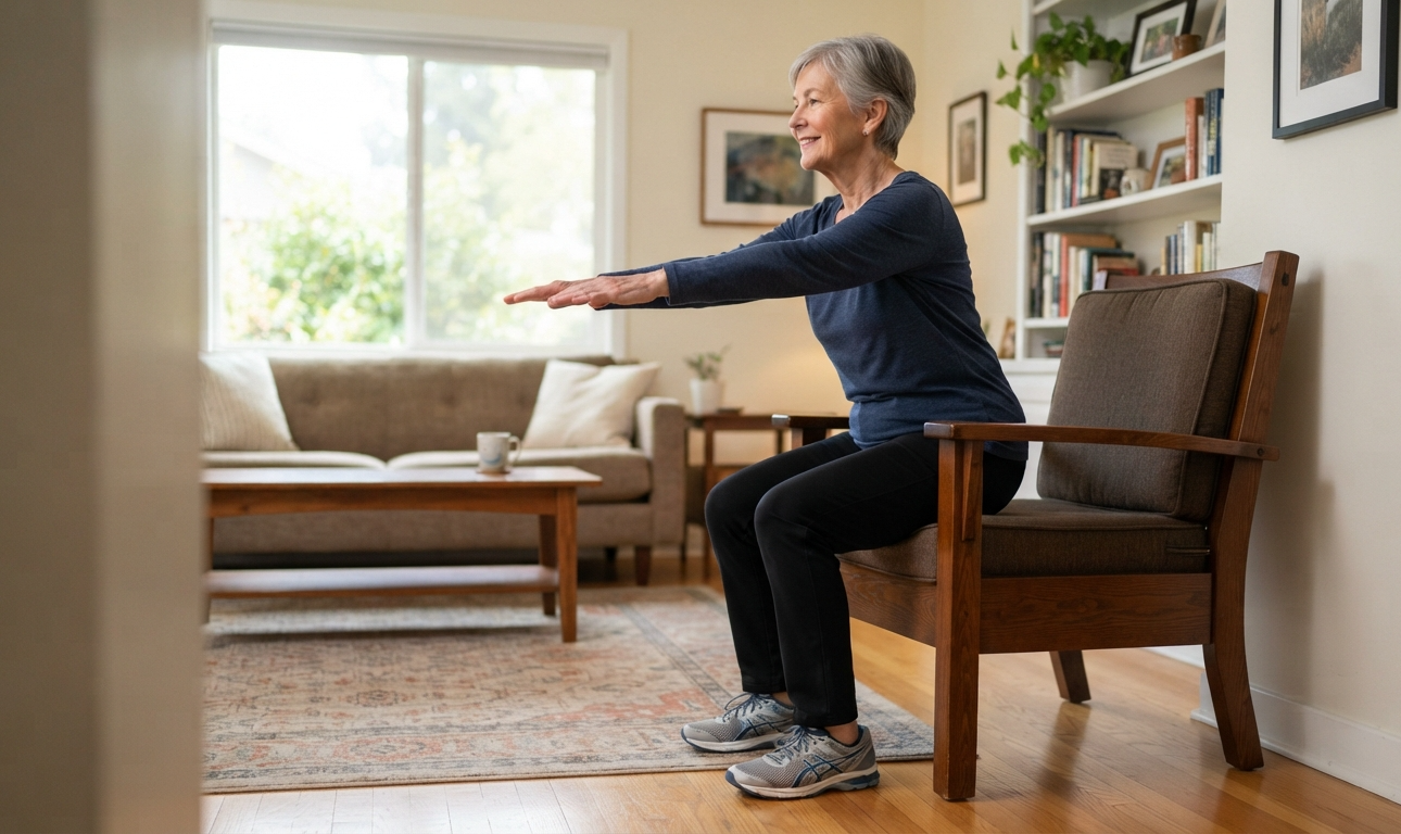Senior woman performing a sit-to-stand exercise to improve leg strength and balance.