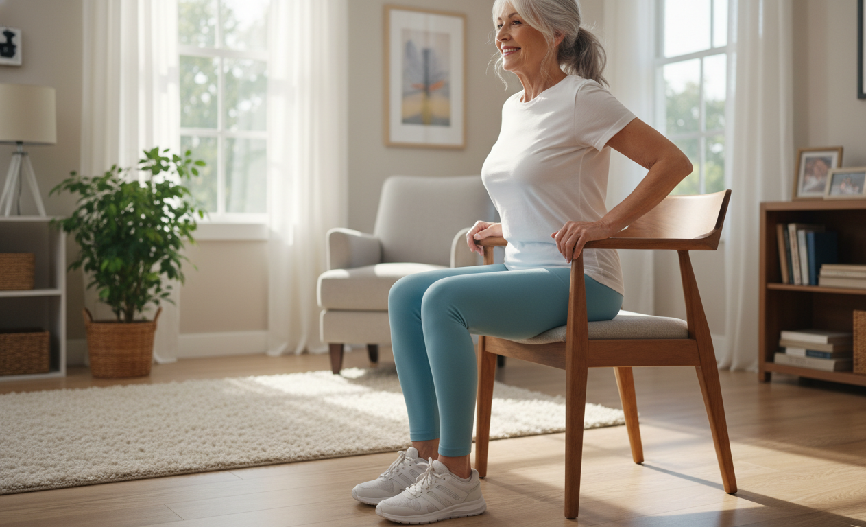 Senior performing a sit to stand exercise to strengthen muscles that support the knee joint