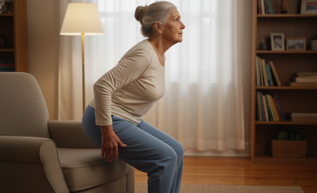 Senior doing sit to stand exercise to improve knee strength and mobility at home