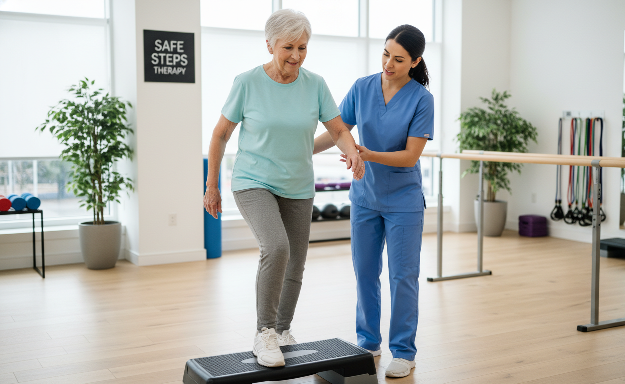Senior performing stair strengthening exercises during physical therapy