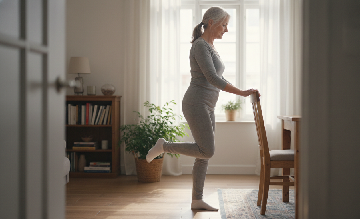 Senior woman practicing standing balance exercise while holding chair