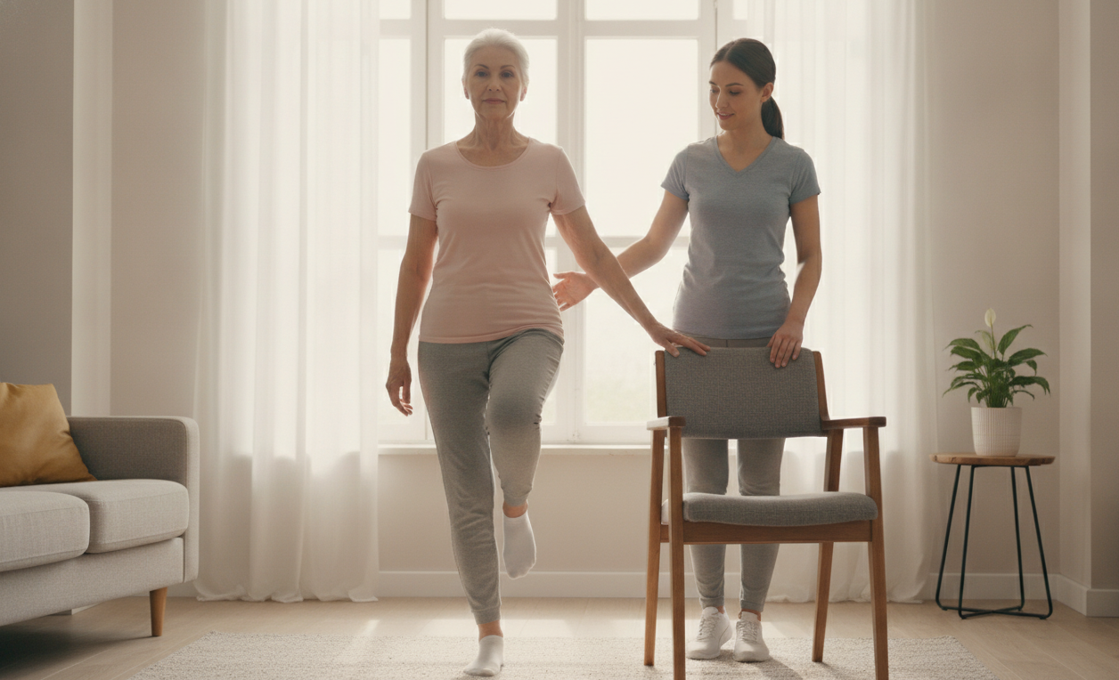 Adult practicing balance exercises to improve standing stability.
