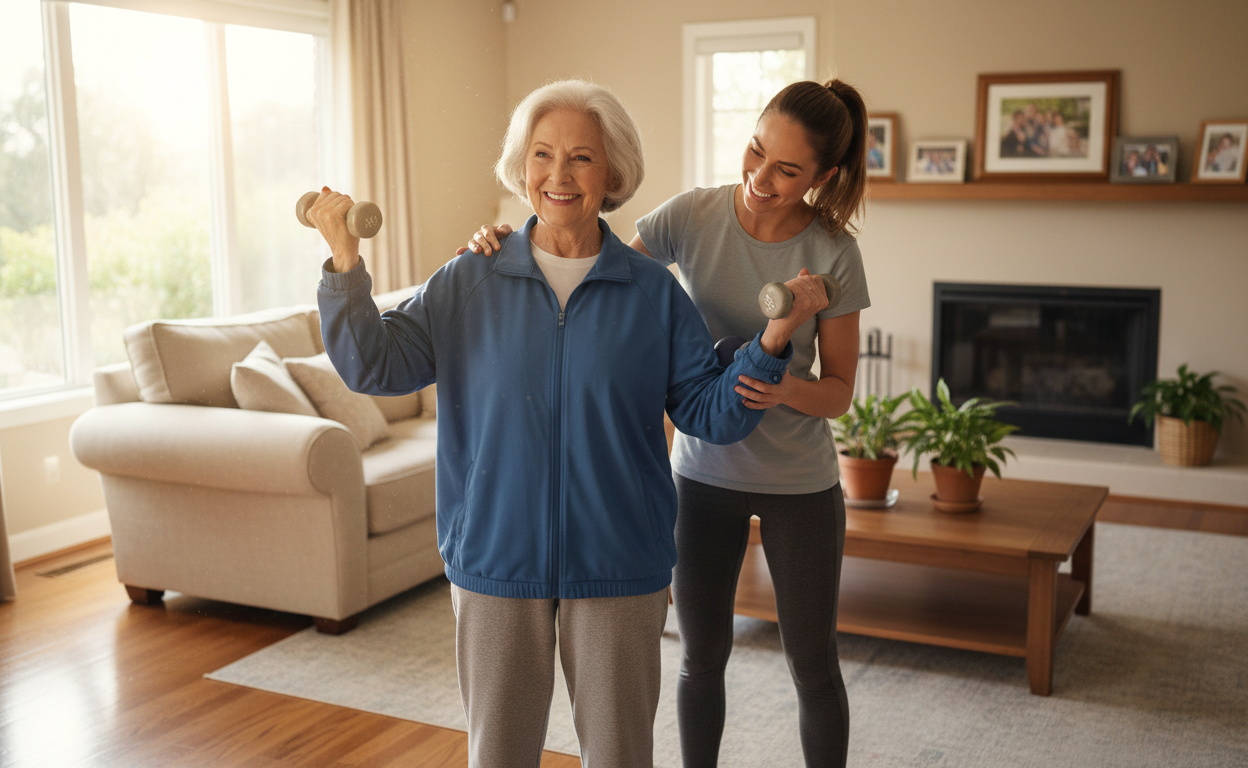 Senior staying consistent with arthritis exercises at home with support