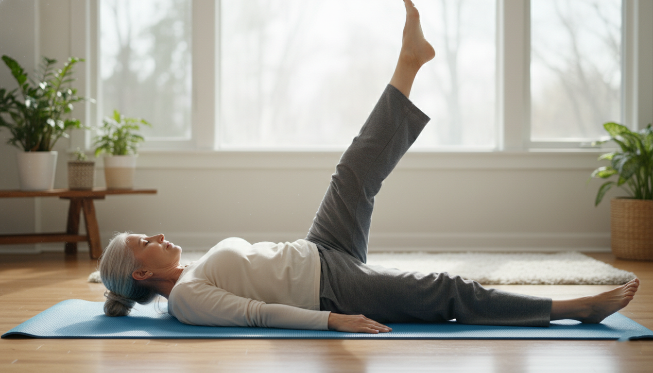 Senior performing straight leg raise exercise to strengthen knees with arthritis