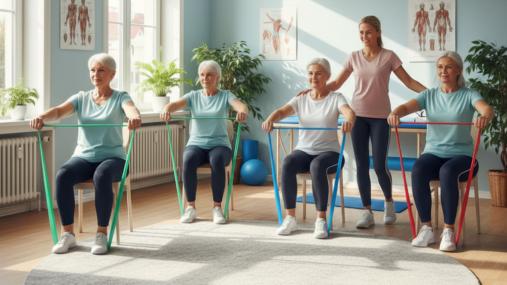 Seniors in Salem Oregon doing gentle stretching and resistance band therapy for flexibility.