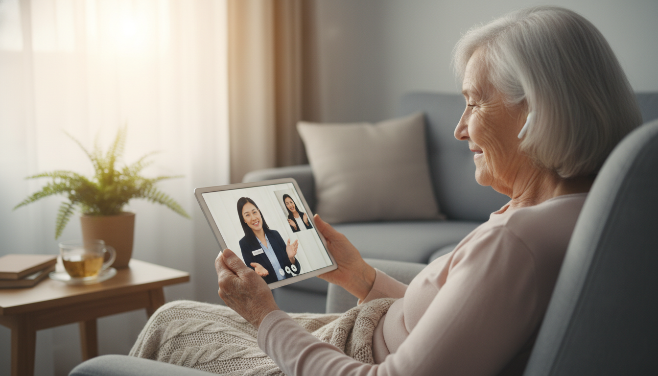 Senior woman using telehealth to access mental health support in Salem, Oregon