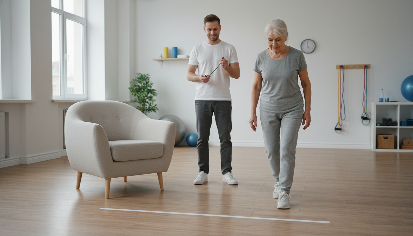 Older adult performing Timed Up and Go test during fall risk assessment