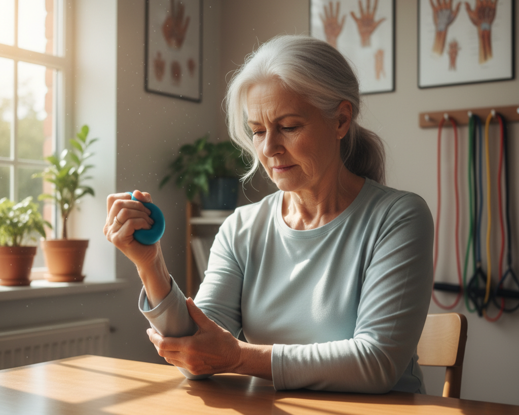 Senior patient in Salem using stress ball for trigger finger strengthening during physical therapy.