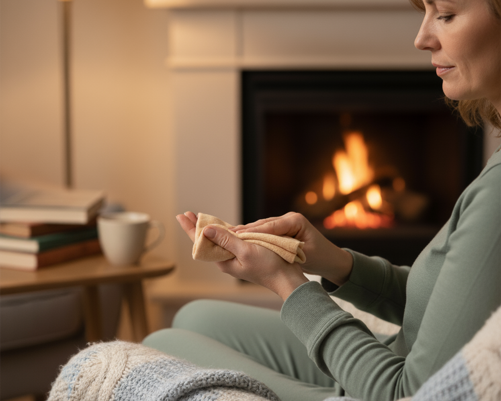 Person applying warm compress to hand for trigger finger relief at home.