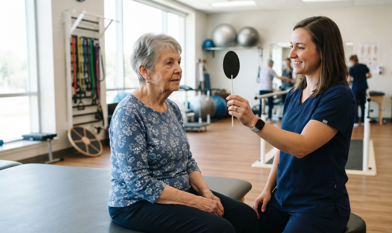 Physical therapist demonstrating vestibular rehabilitation exercises to an older adult with dizziness.