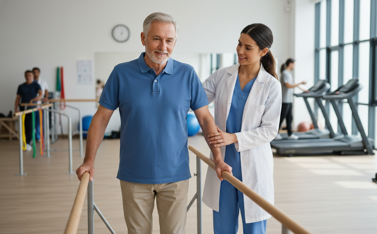 Senior participating in vestibular balance therapy with a physical therapist