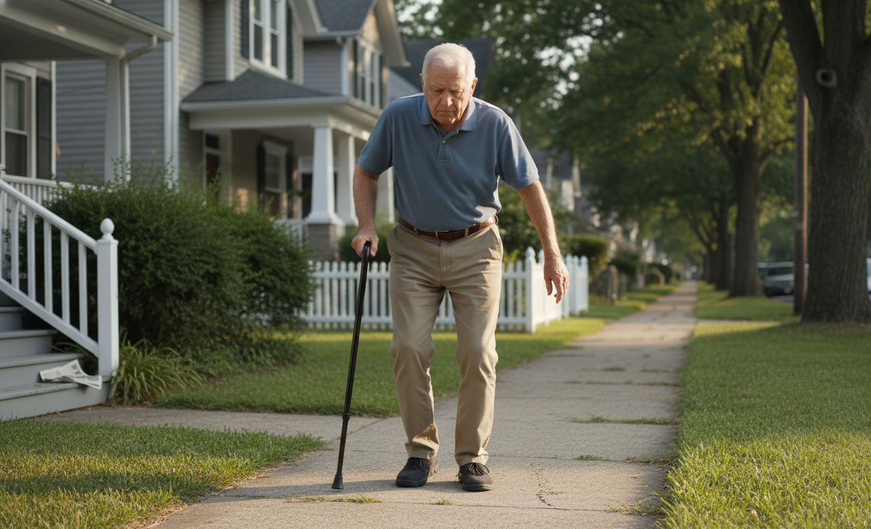 Older adult navigating a neighborhood sidewalk while managing age-related balance changes.