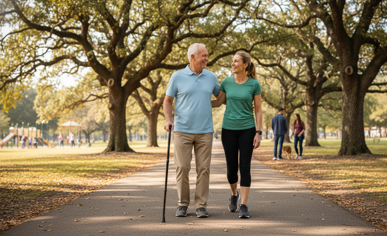 Older adult walking outdoors with family support to maintain confidence and mobility.