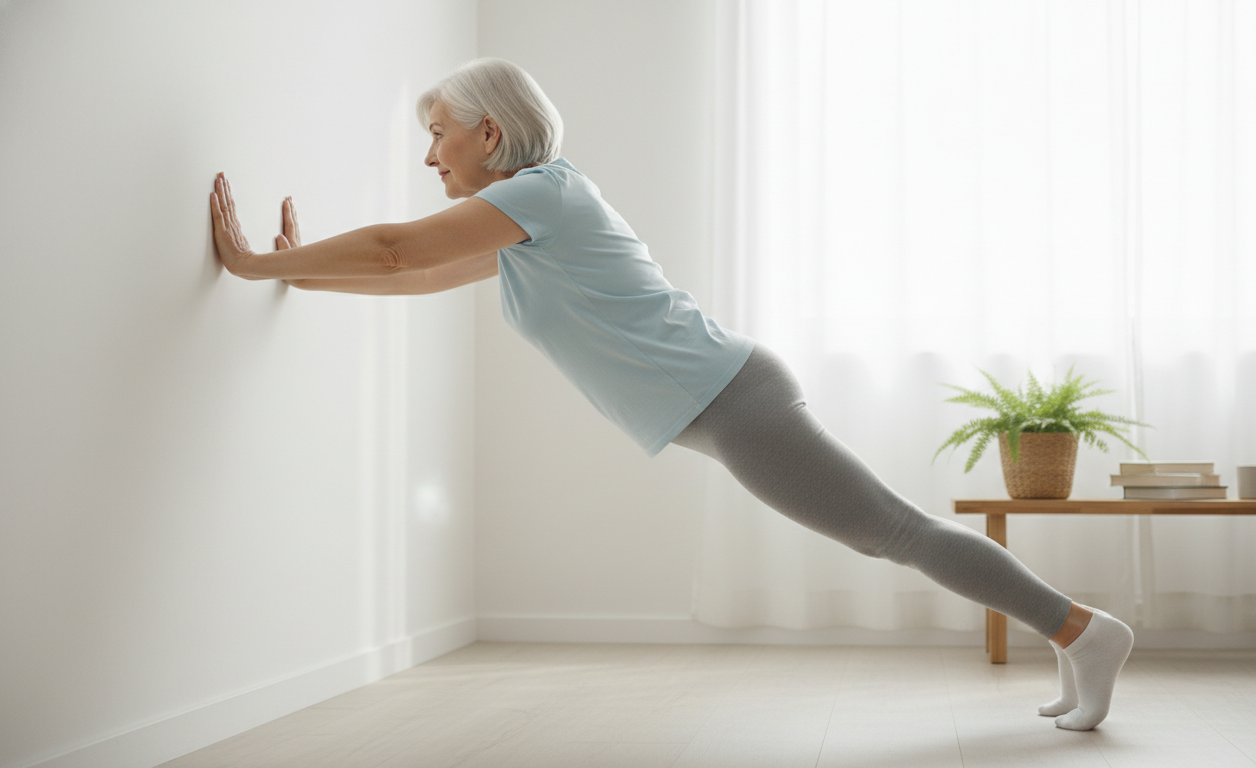 senior performing wall push ups for upper body strength at home
