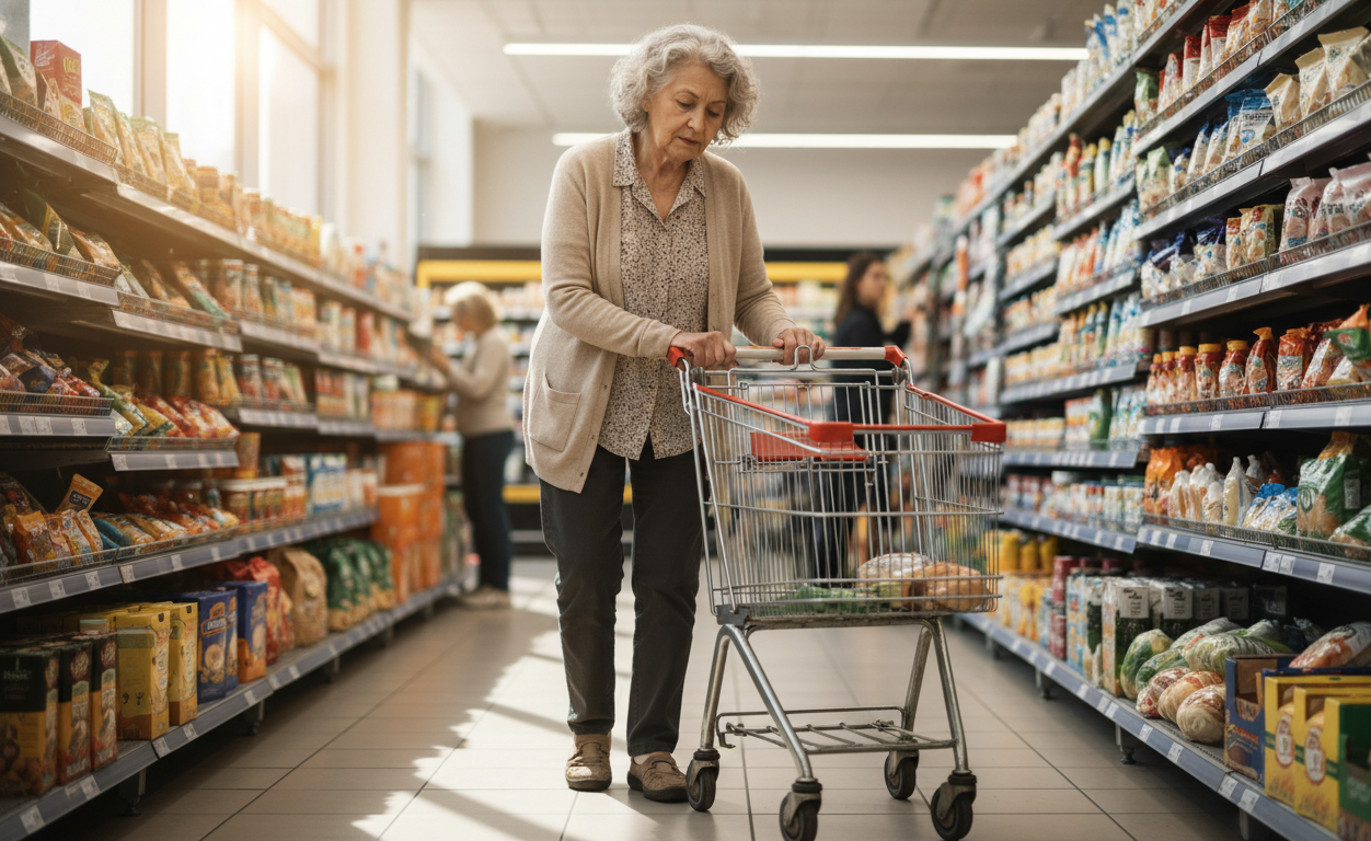 Senior experiencing balance problems and foot weakness while walking in a grocery store