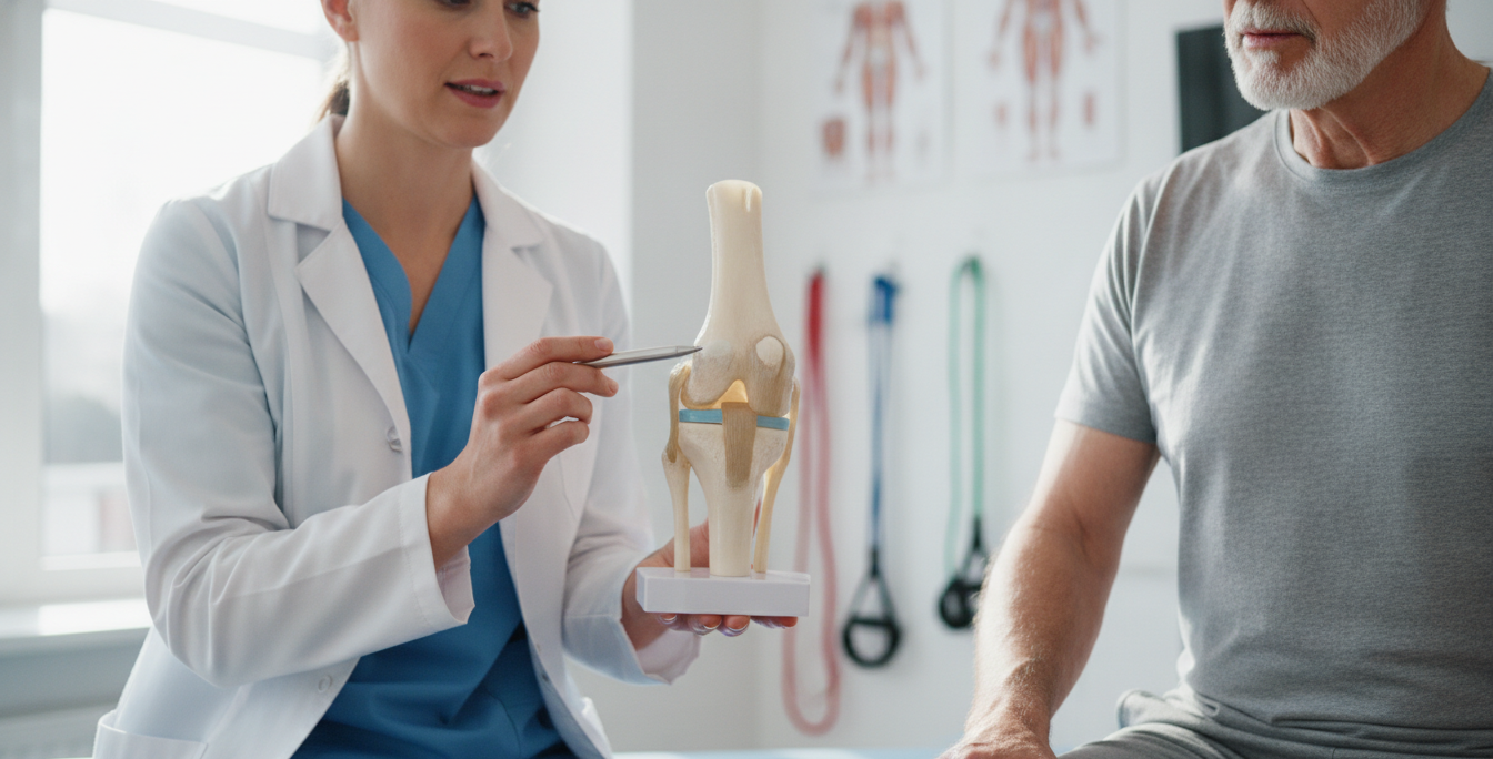 Physical therapist explaining age-related knee pain and arthritis to a senior patient