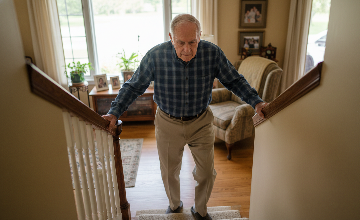 Older adult using stair railing carefully due to balance and leg weakness
