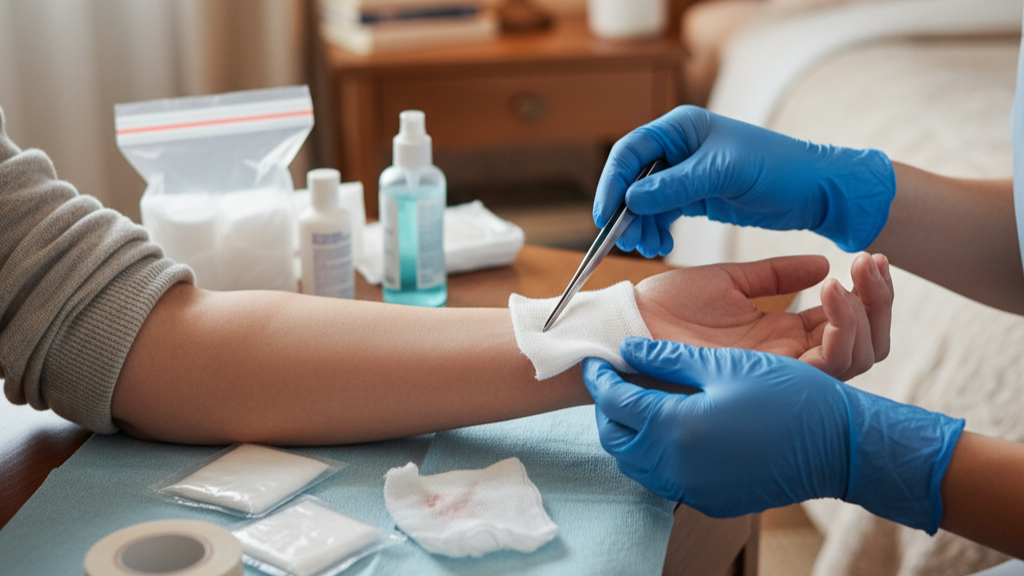 Nurse safely changing wound dressing at home in Salem