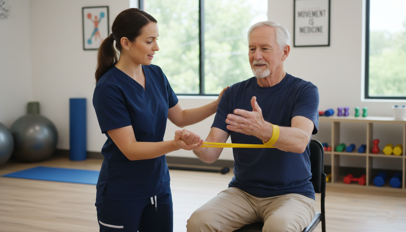 Therapist assisting patient with wrist strengthening exercises during rehab in Salem Oregon