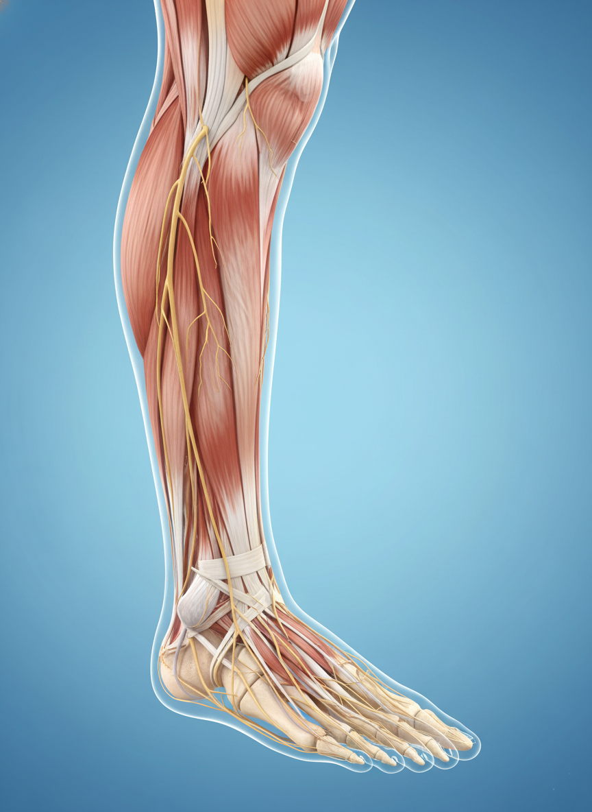 Medical illustration of the lower leg, ankle, and foot anatomy supporting balance and stability on a blue background.