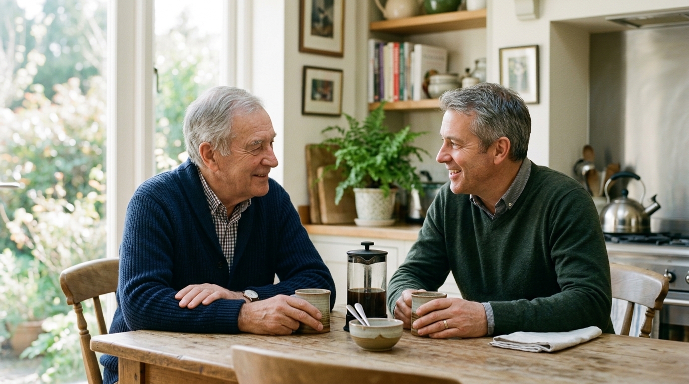 Adult son having a warm coffee conversation with his father at a bright kitchen table