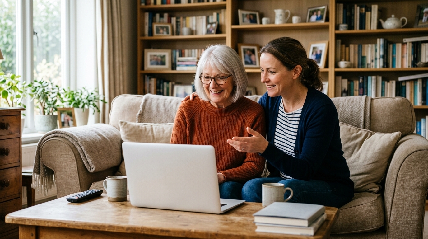 Senior woman and her adult daughter on a sofa joining a virtual physical therapy visit on a laptop
