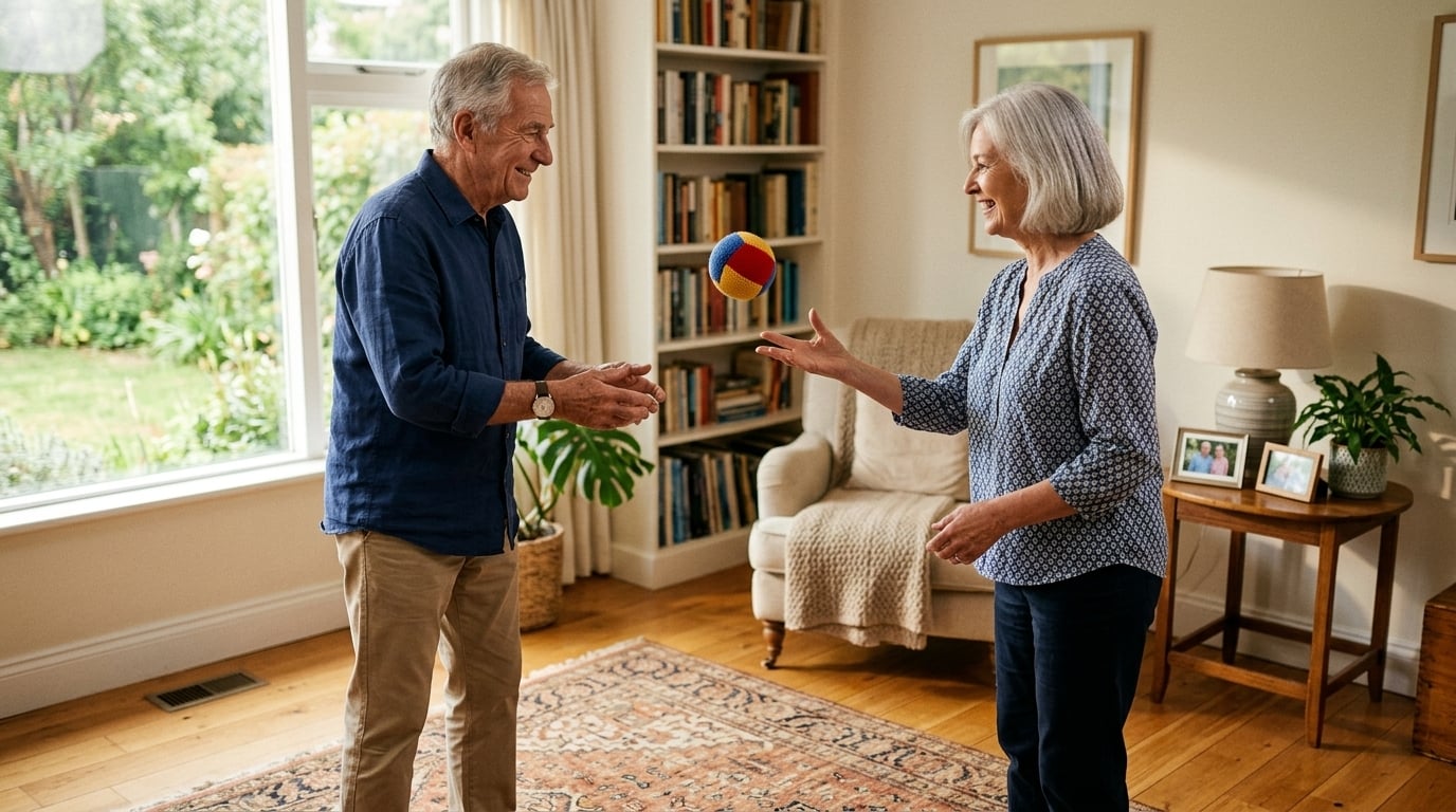 Older man and woman gently tossing a soft ball between them in a sunlit living room to practise hand eye coordination
