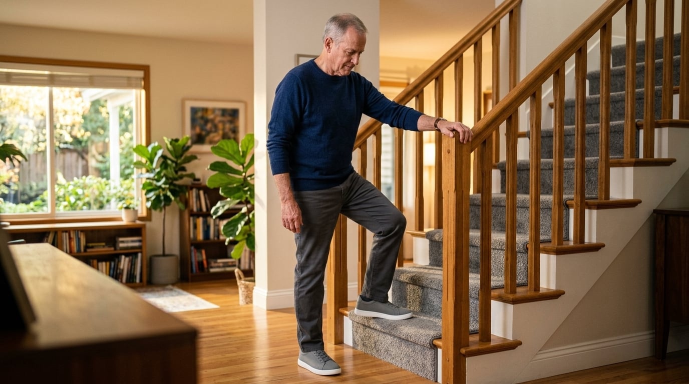 Older man practising a step up onto the bottom stair of his home while holding the handrail, building coordination and confidence