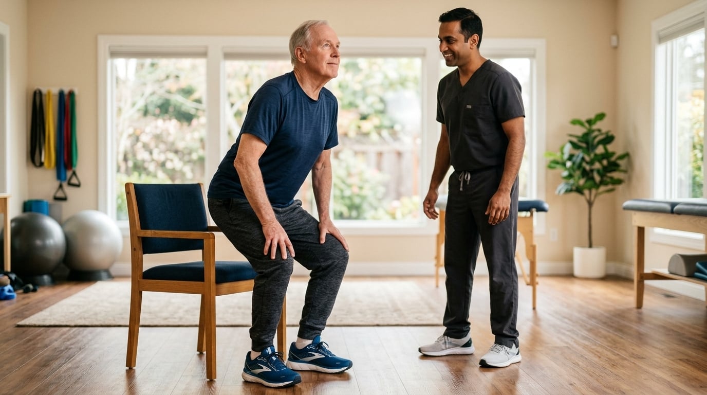 Physical therapist guiding a man in his 70s through a sit-to-stand movement test during a PT evaluation