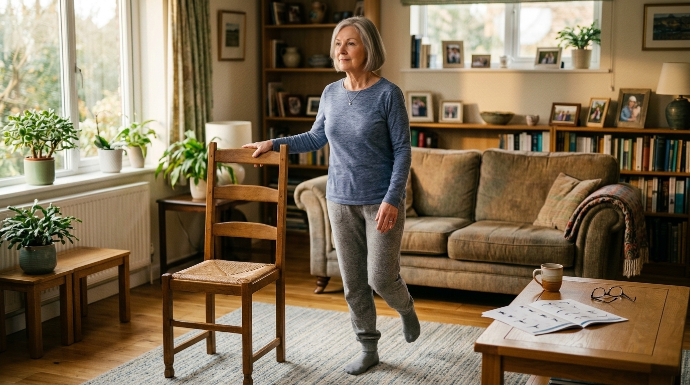 Woman in her 60s practicing a standing balance exercise at home while holding a sturdy chair